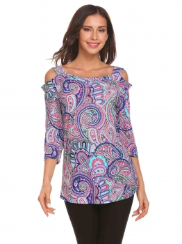 

Rose red Women Casual Spaghetti Straps Cold the Shoulder 3"4 Sleeve Sexy Blouse T-shirt Tops, Multicolor