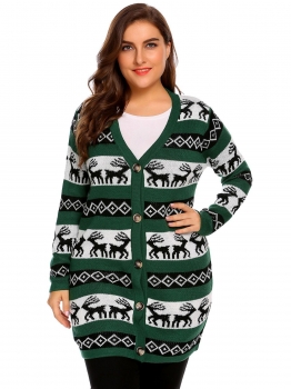 

Green Women Plus Size Casual V-Neck Long Sleeve Printed Button Christmas Cardigan, Multicolor