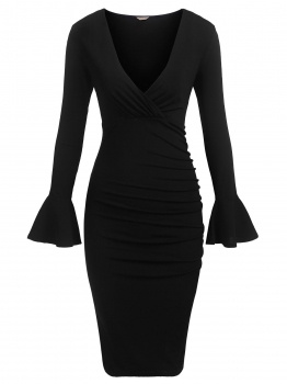 

Black Vintage Wrap Front V-Neck Long Flare Sleeve Ruched Bodycon Party Dress, Multicolor