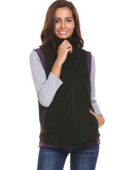 

Black Women Casual High-Neck Sleeveles Zip-up Fleece Vest, Multicolor