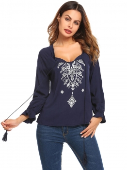 

Navy blue Vintage Style Loose V-Neck Long Sleeve Printed Tie T-Shirt, Multicolor