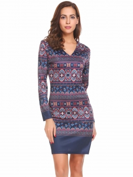 

3 Women Casual V-Neck Long Sleeve Prints Package Hip Bodycon Slim Sexy Dress, Multicolor