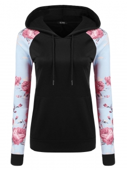 

Black Plaid Floral Print Long Sleeve Pullover Hoodie Contrast Color, Multicolor