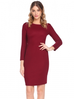 

Wine red Women O-Neck 3"4 Sleeve Pleated Waist Slim Fit Wear To Going Out Dress, Multicolor