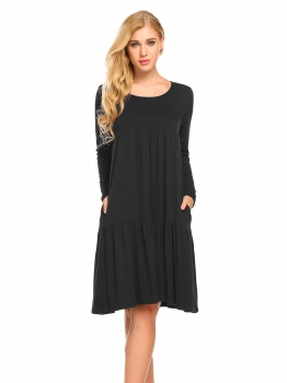

Black O Neck Long Sleeve Draped Loose Swing Dress With Pocket, Multicolor