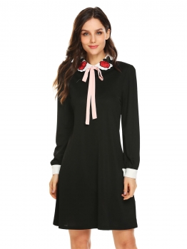

Black Women Embroidery Peter Pan Collar Bow Décor Long Sleeve Loose A-Line Dress, Multicolor
