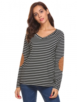 

Black Women V-Neck Long Sleeve Elbow Patchwork Striped Casual Loose T-Shirt Top, Multicolor