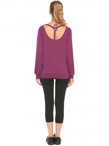 purple red women casual round neck long sleeve back hollow yoga