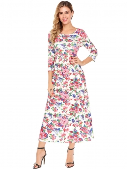 

White Women Casual 3"4 Sleeve Floral Maxi Dress, Multicolor