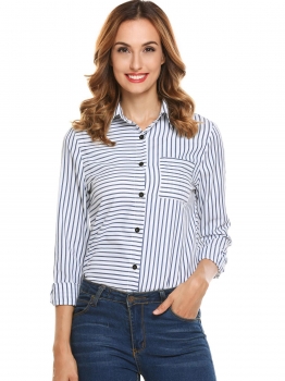 

Black Women Long Sleeve Stripe Button Down Casual Shirt, Multicolor