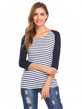 

Navy blue Women O Neck 3"4 Sleeve Contrast Color Patchwork Striped T-Shirt Blouse Tops, Multicolor