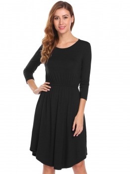 

Women O-Neck 3"4 Sleeve Elastic Waist Casual Party Dress, Multicolor