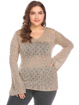 

Khaki Women V-Neck Flare Sleeve Slim Fit Hole Casual Pullover Sweater Plus Size, Multicolor