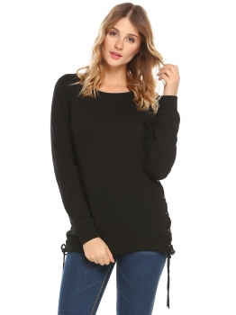 

Black Women Round Collar Criss Cross Lace Up Side Solid Casual Pullover Sweatshirt, Multicolor