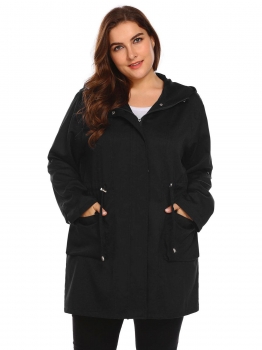 

Black Women Hooded Roll Up Sleeve Drawstring Solid Casual Trench Coat Plus Size, Multicolor