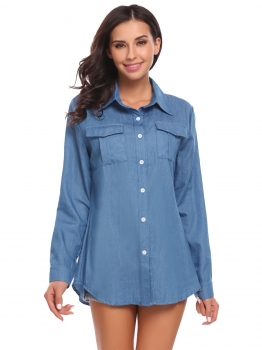 

Dark blue Women Long Sleeve Button Down Solid Loose Denim Shirt, Multicolor