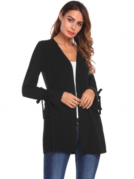 

Black Women Casual Front Open Regular Fit Flare Sleeve Solid Lace Up Sexy Cardigan, Multicolor