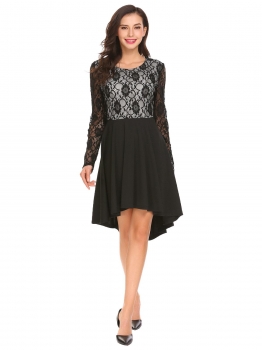 

Black Women Fashion O-Neck Long Sleeve Lace Patchwork A-Line Asymmetrical Dress, Multicolor