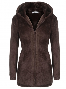 

Brown Women Warm Cute Hooded Zip Up Solid Loose Fit Casual Fleece Hoodie Coat, Multicolor