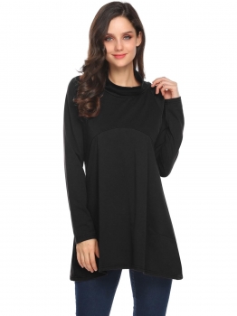 

Black Women Fashion High Neck Long Sleeve Solid Pockets Loose Causal Tops, Multicolor