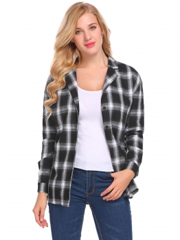 

Black Women Casual V-Neck Long Sleeve Plaid Button Shirt, Multicolor