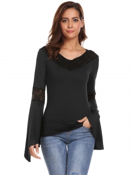 

Black Women Sexy V-Neck Flare Long Sleeve Lace Patchwork Comfy T-Shirt, Multicolor