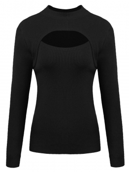 

Black Women Casual Stand Collar Long Sleeve Solid Front Hollow Out Knitted Pullover Sweater, Multicolor