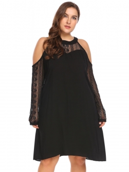 

Black Women O-Neck Cold Shoulder Long Sleeve Lace Patchwork Loose Going Out Dress Plus Size, Multicolor