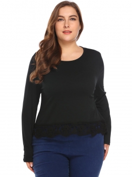 

Black Women Round Neck Long Sleeve Lace Trim Casual T-Shirt Top Plus Size, Multicolor