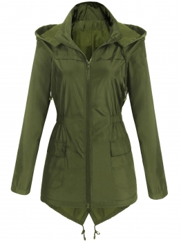 

Army green Women Detachable Hooded Raincoat Zip Up Slim Fit Casual Waterproof Coats, Multicolor