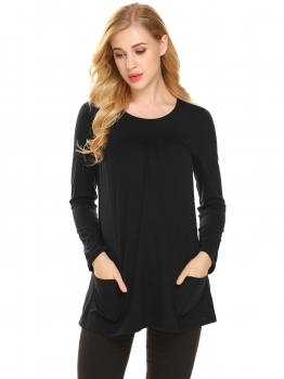 

Black Women Casual O-Neck Long Sleeve Solid Ruffle Pocket Regular Fit Sexy Blouse T-shirt Tops, Multicolor