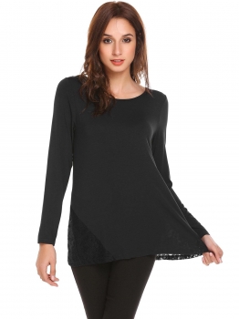 

Black Women Casual O-Neck Long Sleeve Lace Patchwork A-Line Hem Regular Fit Sexy Blouse T-shirt Tops, Multicolor