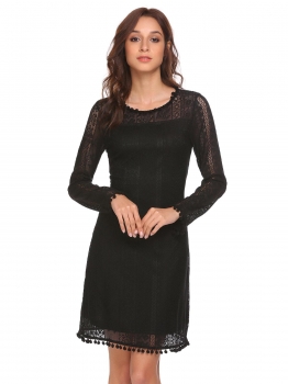 

Black Women Fashion O-Neck Long Sleeve Lace Patchwork Straight Dress, Multicolor