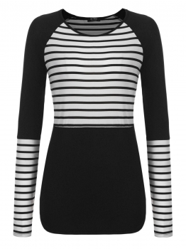 

Black Women Casual O-Neck Long Sleeve Patchwork Striped Regular Fit Sexy Blouse T-shirt Tops, Multicolor