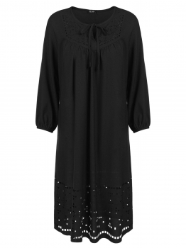 

Black Women Casual Bow Tie Round Neck 3"4 Sleeve Solid Hollow Loose Tunic Dress, Multicolor