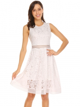 

White Women Sleeveless Lace Hollow Fit Flare Elegant Going out Dress, Multicolor