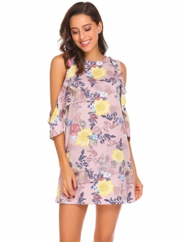 

Pattern 2 Women Fashion O-Neck Ruffle Sleeve Floral Loose Straight Casual Dress, Multicolor