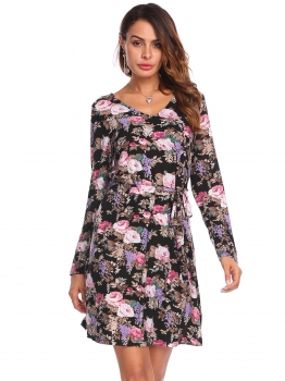 

Black Women Casual V-Neck Long Sleeve Belted Floral A-Line Dress, Multicolor
