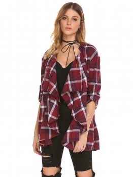 

Wine red Women Casual Lapel Long Sleeve Lace Patchwork Plaid Outwear Cardigan Trench Coat, Multicolor