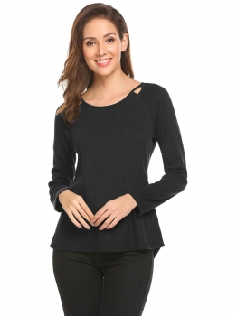 

Black Women Long Sleeve Cut Out Slim Fit Asymmetrical Casual Ribbed T-Shirt Top, Multicolor