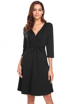 

Black Women Crossover V-Neck 3"4 Sleeve Solid Fit and Flare Casual Party Dress w" Belt, Multicolor