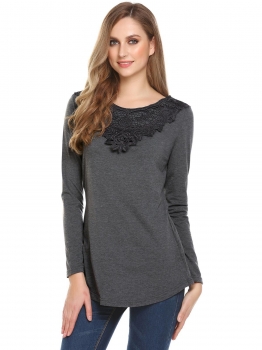 

Grey Women Casual O-Neck Long Sleeve Lace Patchwork Regular Fit Sexy Blouse T-shirt Tops, Multicolor