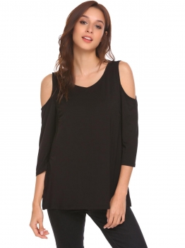 

Black Women V-Neck 3"4 Sleeve Cold Shoulder Breastfeeding T-shirt Tops Blouse, Multicolor