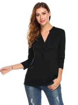 

Black Women Casual Half Button Up V Neck 3"4 Sleeve Solid Loose T-Shirt Blouse Tops, Multicolor