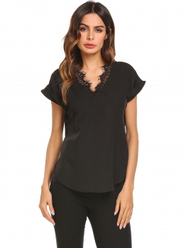 

Black Women V-Neck Short Sleeve Loose Top Shirts Lace Trim Asymmetric Hem Blouse, Multicolor