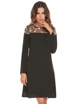 

Black Women Long Sleeve Floral Mesh Patchwork Loose Chiffon Tunic Dress, Multicolor