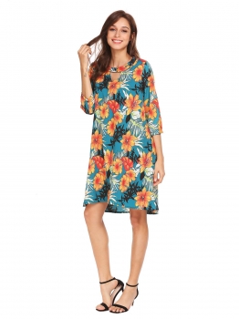 

Green Women O-Neck Keyhole Puff Sleeve Floral Asymmetrical Casual Loose Fit Dress, Multicolor