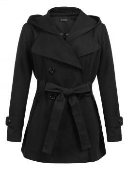 

Black Women Hooded Double Breasted Solid Casual Trench Coat with Belt Plus Size, Multicolor