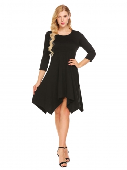 

Black Women O-Neck 3"4 Sleeve Solid Irregular Slim Fit Casual Empire Waist Dress, Multicolor