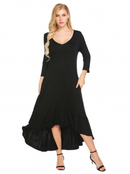 

Black Women V-Neck 3"4 Sleeve Asymmetrical Casual Loose Tunic Dress with Pocket, Multicolor